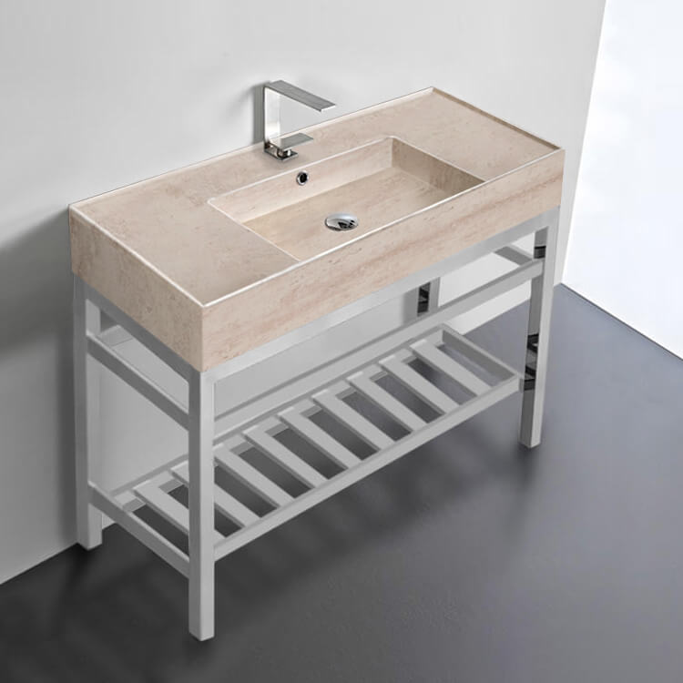 Scarabeo 5124-E-CON2-One Hole Modern Beige Travertine Design Ceramic Console Sink and Polished Chrome Base